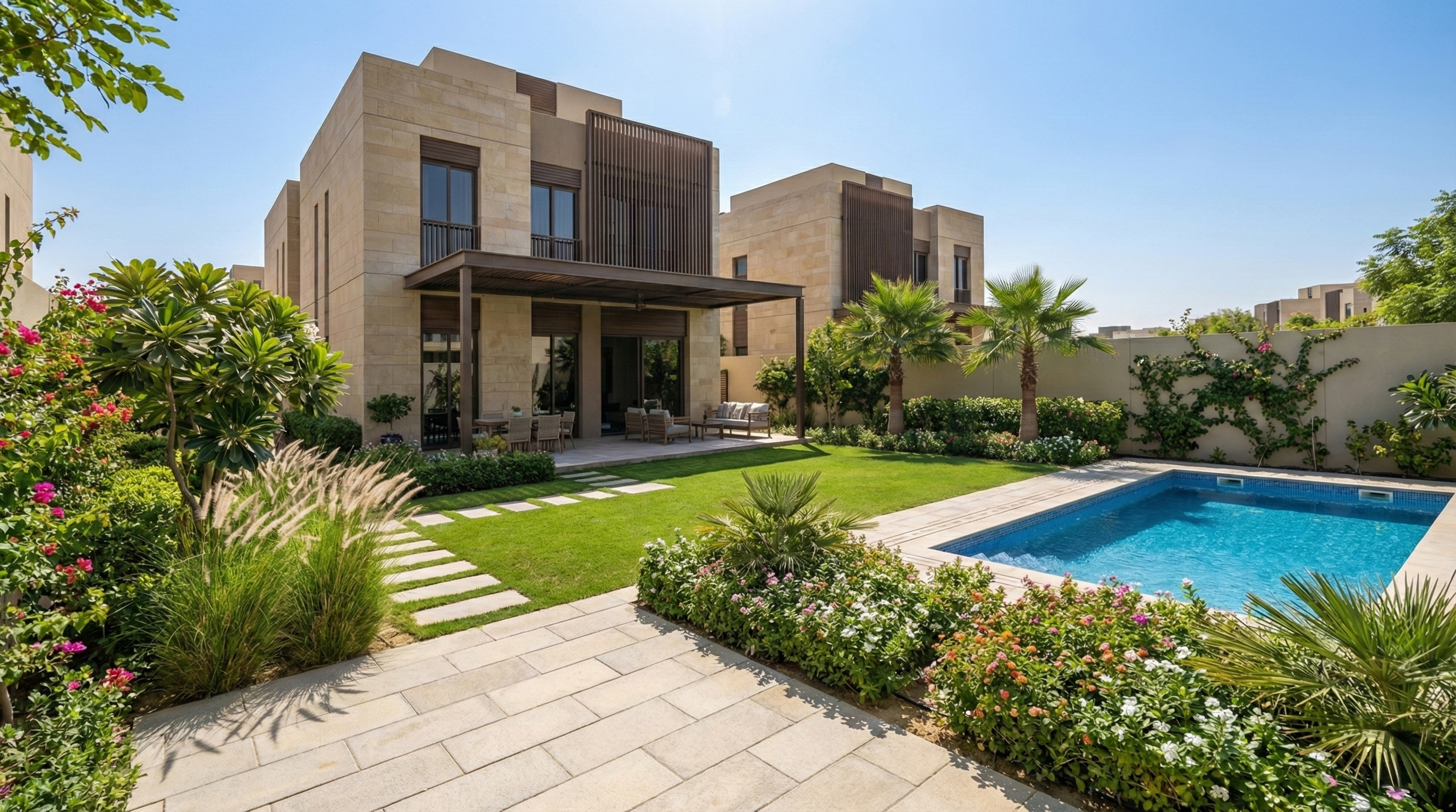 Private villa garden with pool and landscaping within the KSA residential masterplan